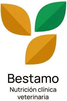 Isologo de Bestamo: tres hojas y el texto Nutrición clínica veterinaria