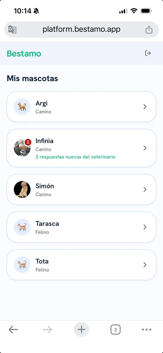 Portal del tutor: lista de mascotas con notificaciones de respuestas del veterinario