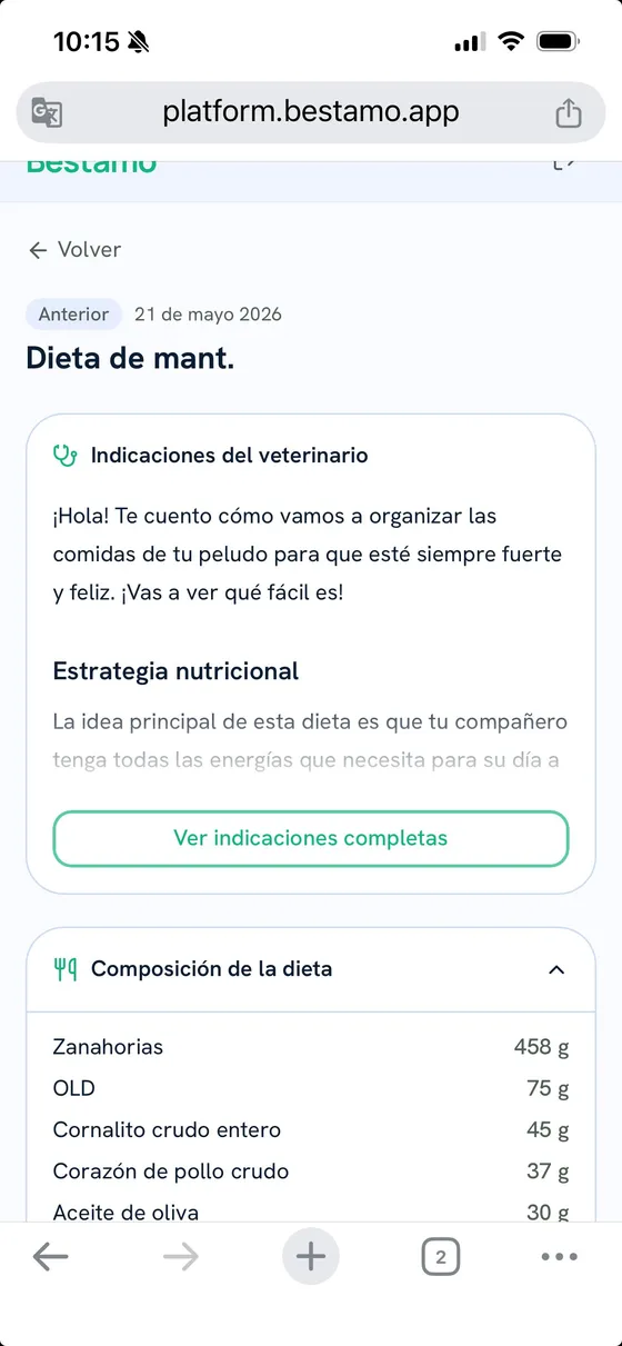 Portal del tutor: dieta con indicaciones del veterinario y composición